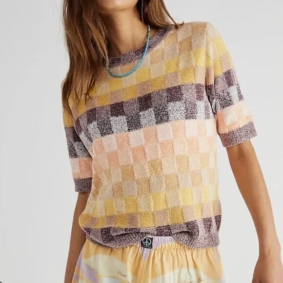 Free People Checkered Chenille Short Sleeve Sweater - Picture 1 of 6